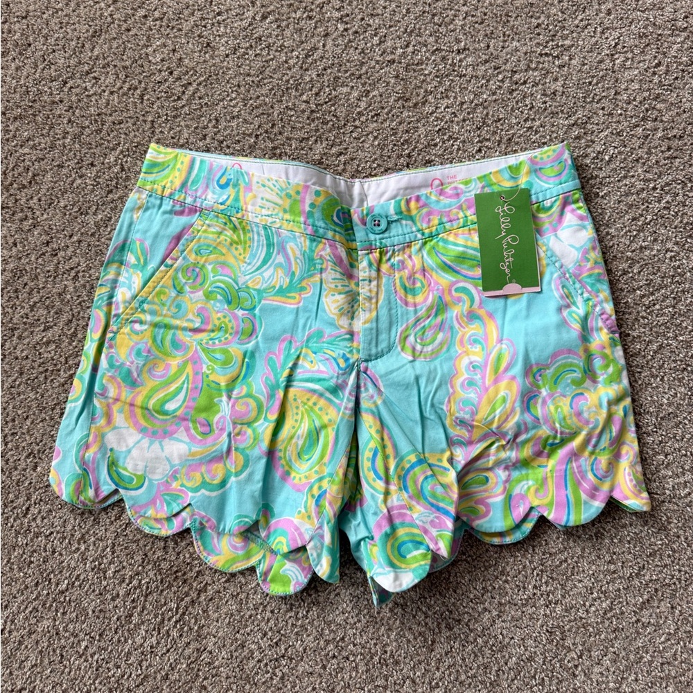 Lilly Pulitzer Aqua Paisley Scalloped Hem Cotton Shorts